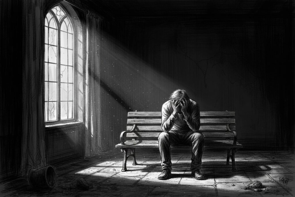 A lone male, desperate seated in a dark room on a bench.